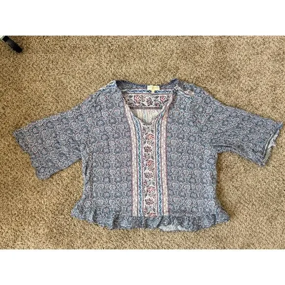 3 for $9 Cyntiha Rowley Blue Floral Boho V Neck Top Ruffle 2X - Picture 1 of 5